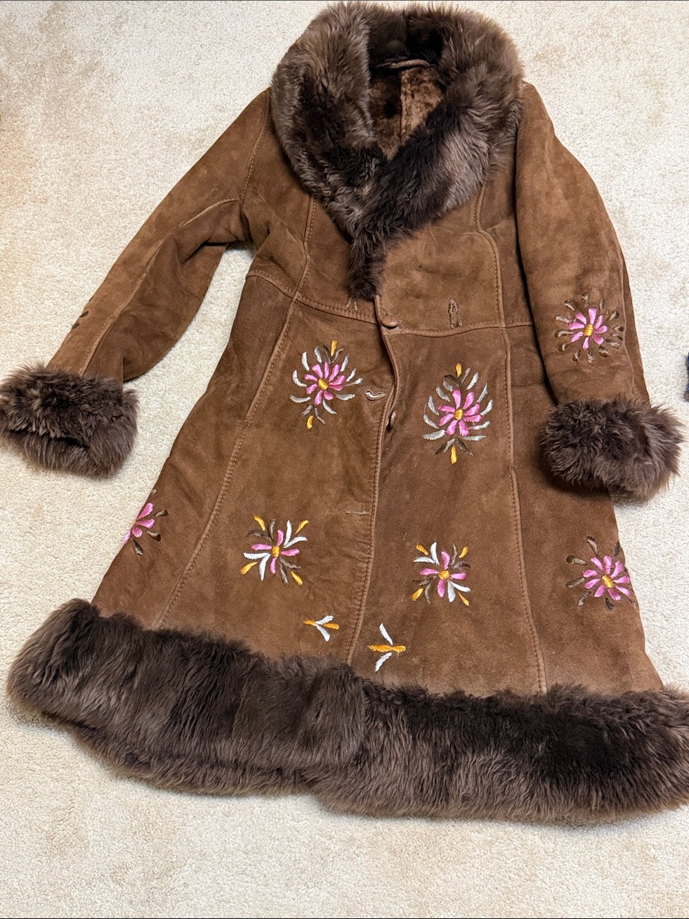 Vintage 60s Embroidered Sheepskin Suede Maxi Princess Coat Afghan Penny Lane